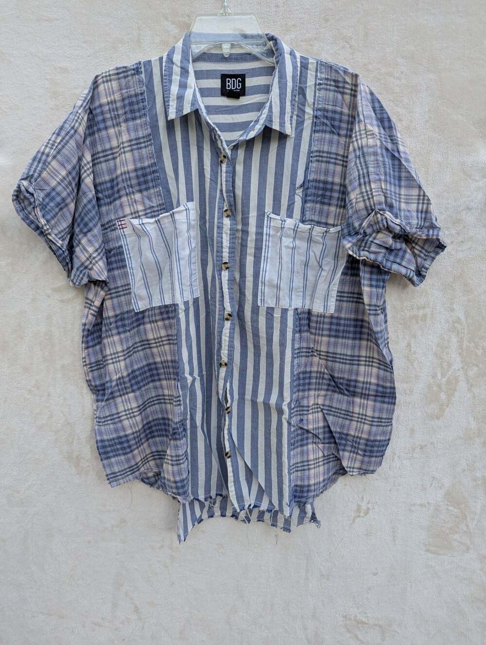 BDG Urban Outfitters Stevie Spliced Patchwork Button-Down Short Sleeve Shirt